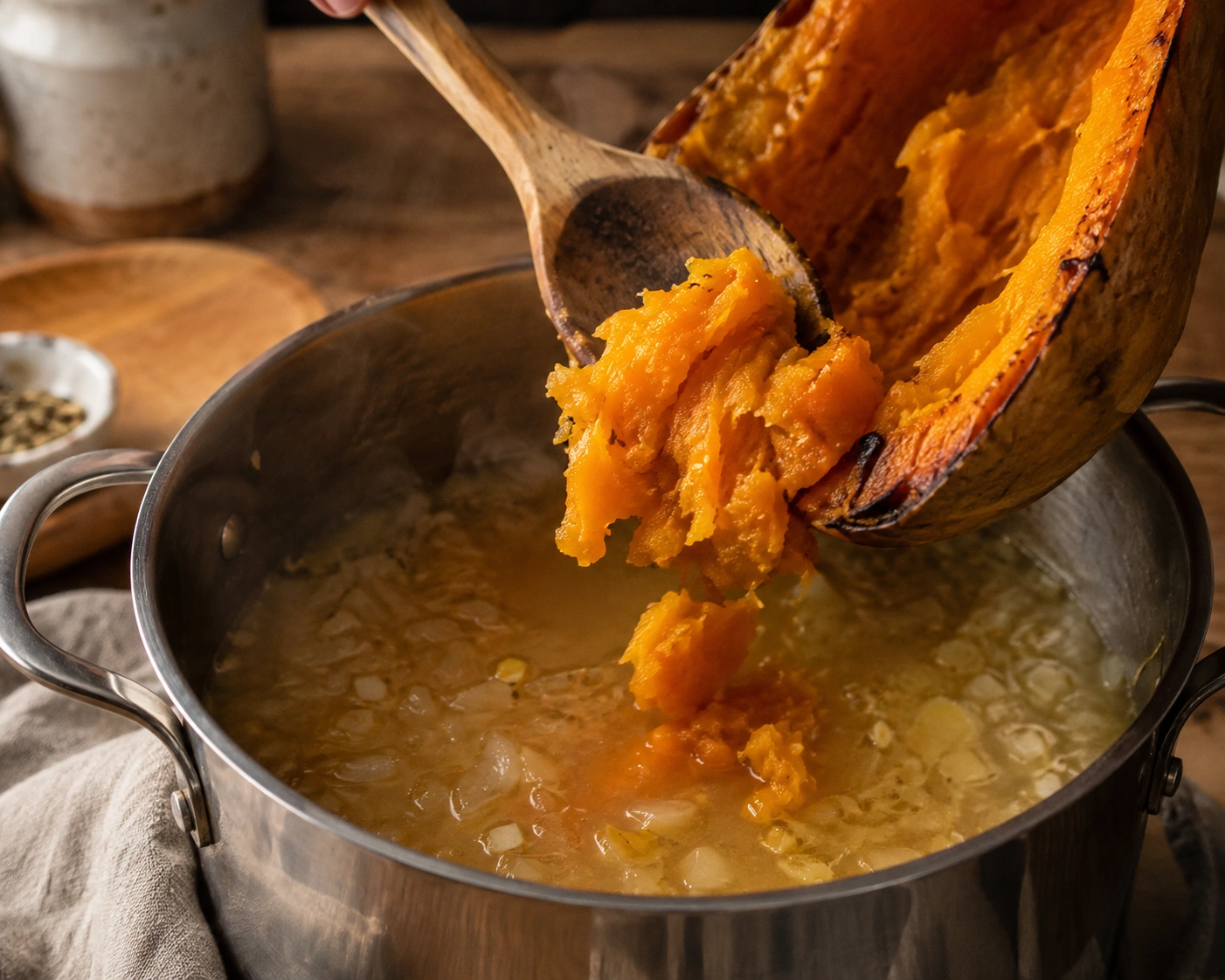 Scooping soft roasted pumpkin into the aromatic soup base